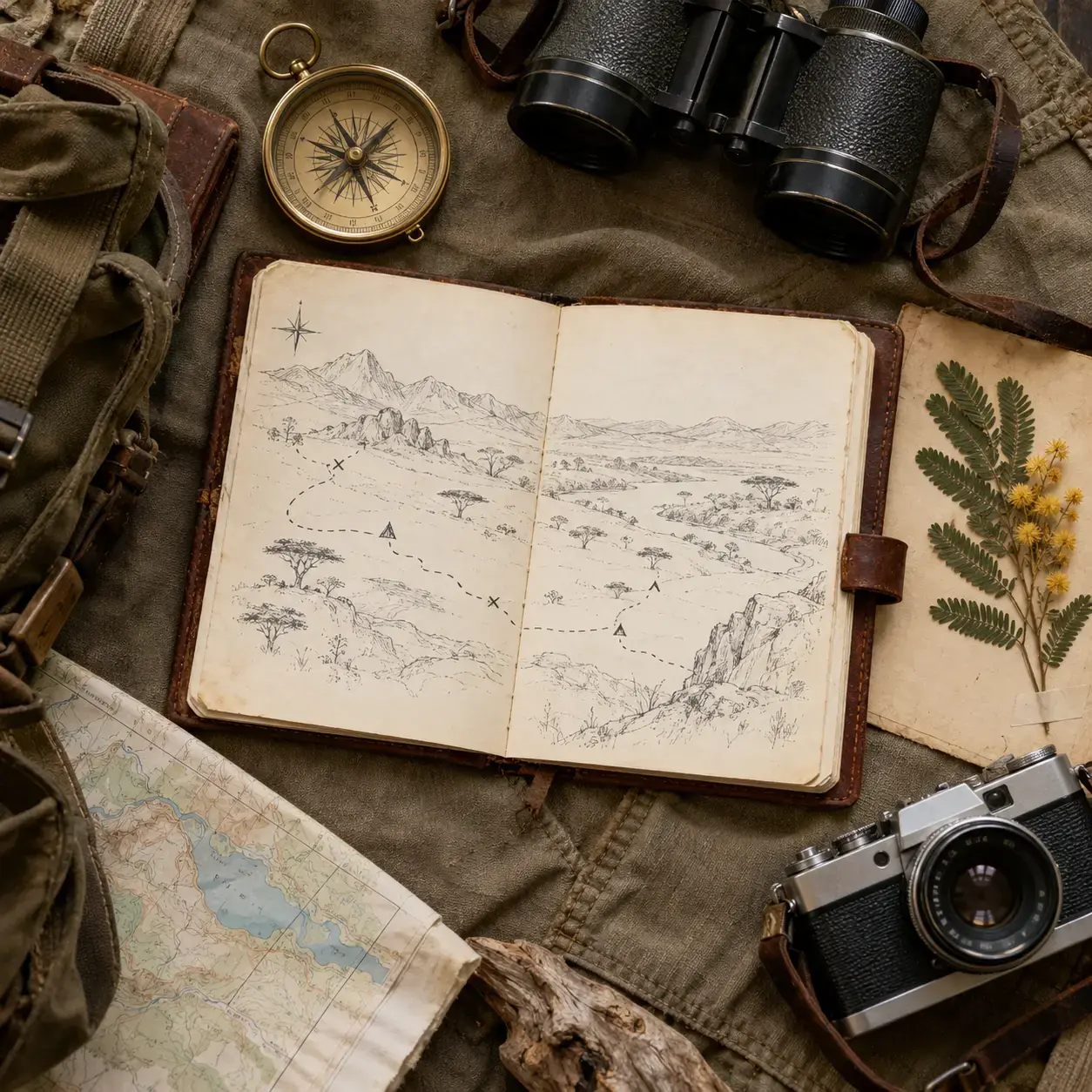 A field journal with binoculars and a compass